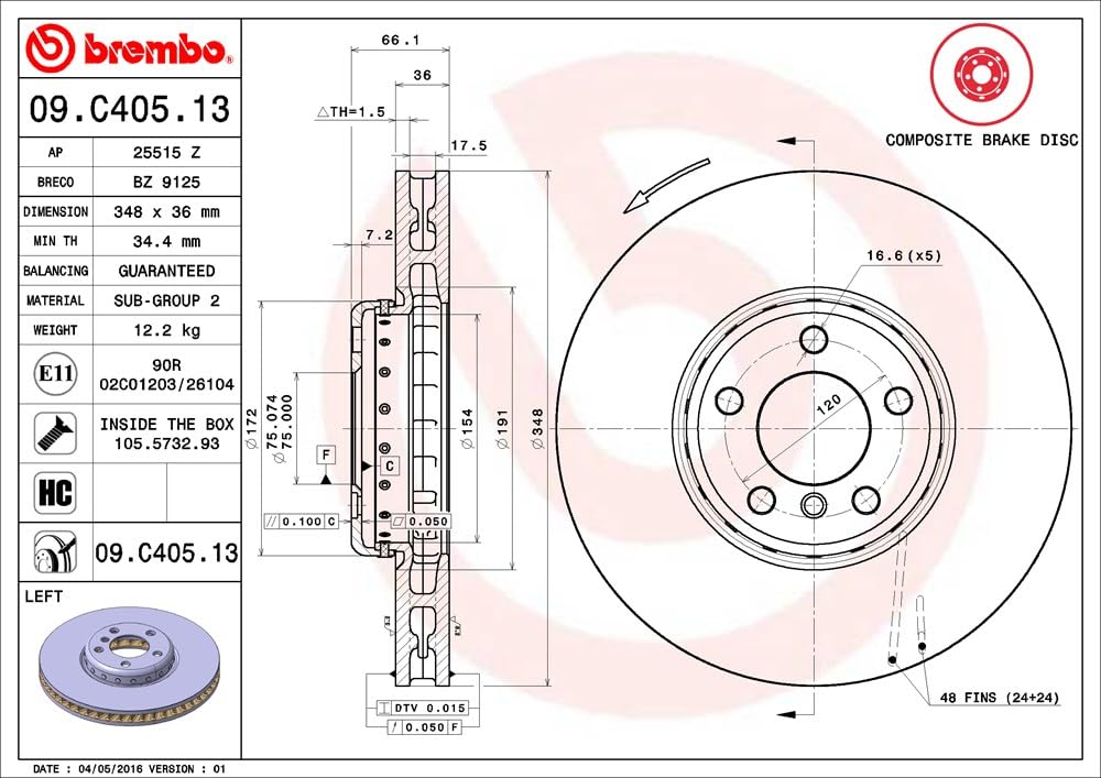 BREMBO 09C40513C02 Brembo 09.C405.13 Composite two piece UV Coated vented Front Brake Rotor BMW OE# 34116785669