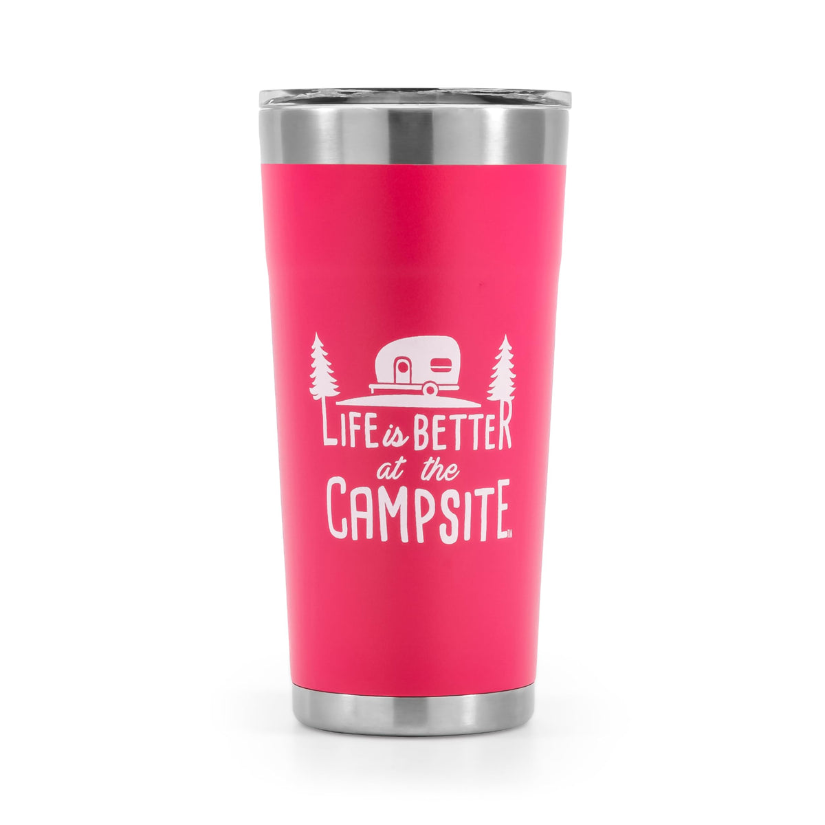 CAMCO 53061 Camco Life is Better at The Campsite Tumbler | Heavy Duty Double Wall Vacuum Insulation | Crafted of 18/8 Stainless Steel | Unique “Life is Better at The Campsite” Design on Coral Pink | 20-oz (53061)