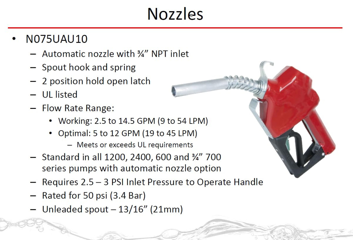 FILL RITE N075UAU10 Fill-Rite N075UAU103/4"" Auto Nozzle w/HookUnleaded GasolineRed 2.5-14.5 GPMEnd of Delivery Hose - 1 Each