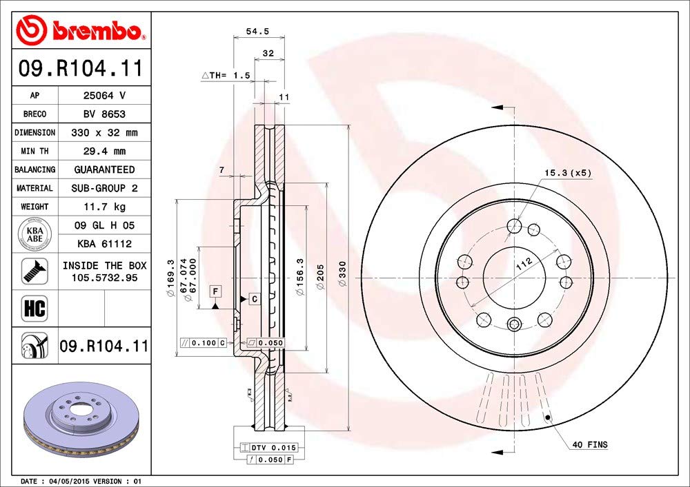 BREMBO 09R10411C02 Brembo 09.R104.11 UV Coated vented Front Brake Rotor MERCEDES-BENZ OE# A1644210412