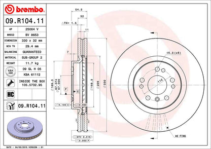 BREMBO 09R10411C02 Brembo 09.R104.11 UV Coated vented Front Brake Rotor MERCEDES-BENZ OE# A1644210412