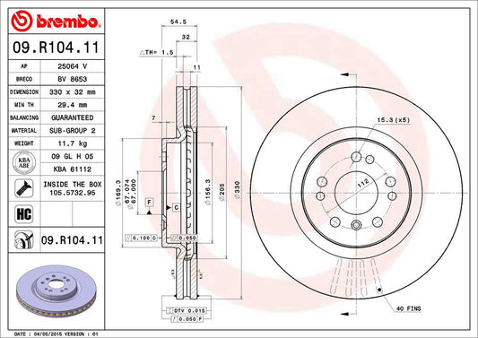 BREMBO 09R10411C02 Brembo 09.R104.11 UV Coated vented Front Brake Rotor MERCEDES-BENZ OE# A1644210412