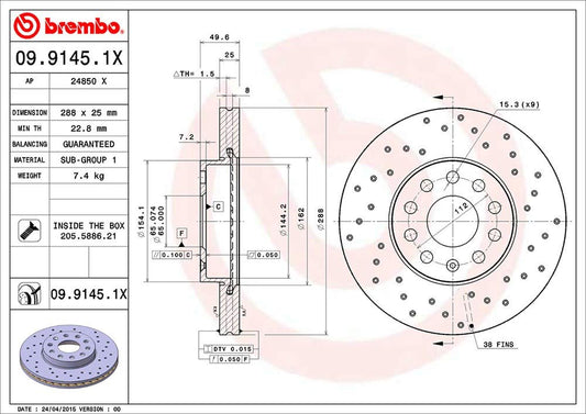 BREMBO 0991451XC02 Brembo 09.9145.1X Xtra UV Coated vented drilled Front Brake Rotor AUDI/AUDI (FAW)/CUPRA/SEAT/SKODA/SKODA (SVW)/VW/VW (FAW)/VW (SVW) OE# 1K0615301T