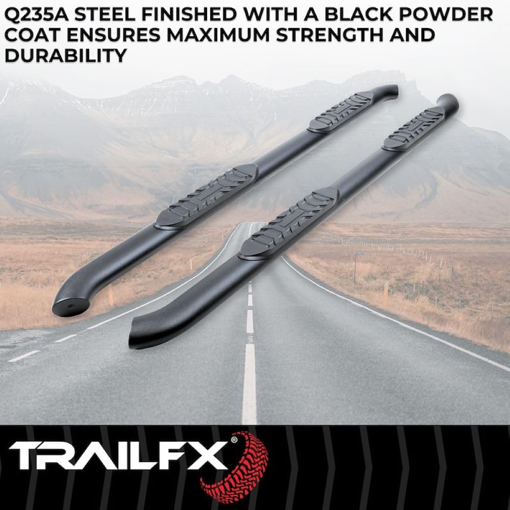 TRAILFX A1002B TrailFX Side Steps with Step Pads 4 Inch Oval Bent Nerf Bar Titanium Black Powder-Coated Steel, Welded End Caps, Rocker Panel Mount, Slip-Resistant, Set of 2 TrailFX A1002B