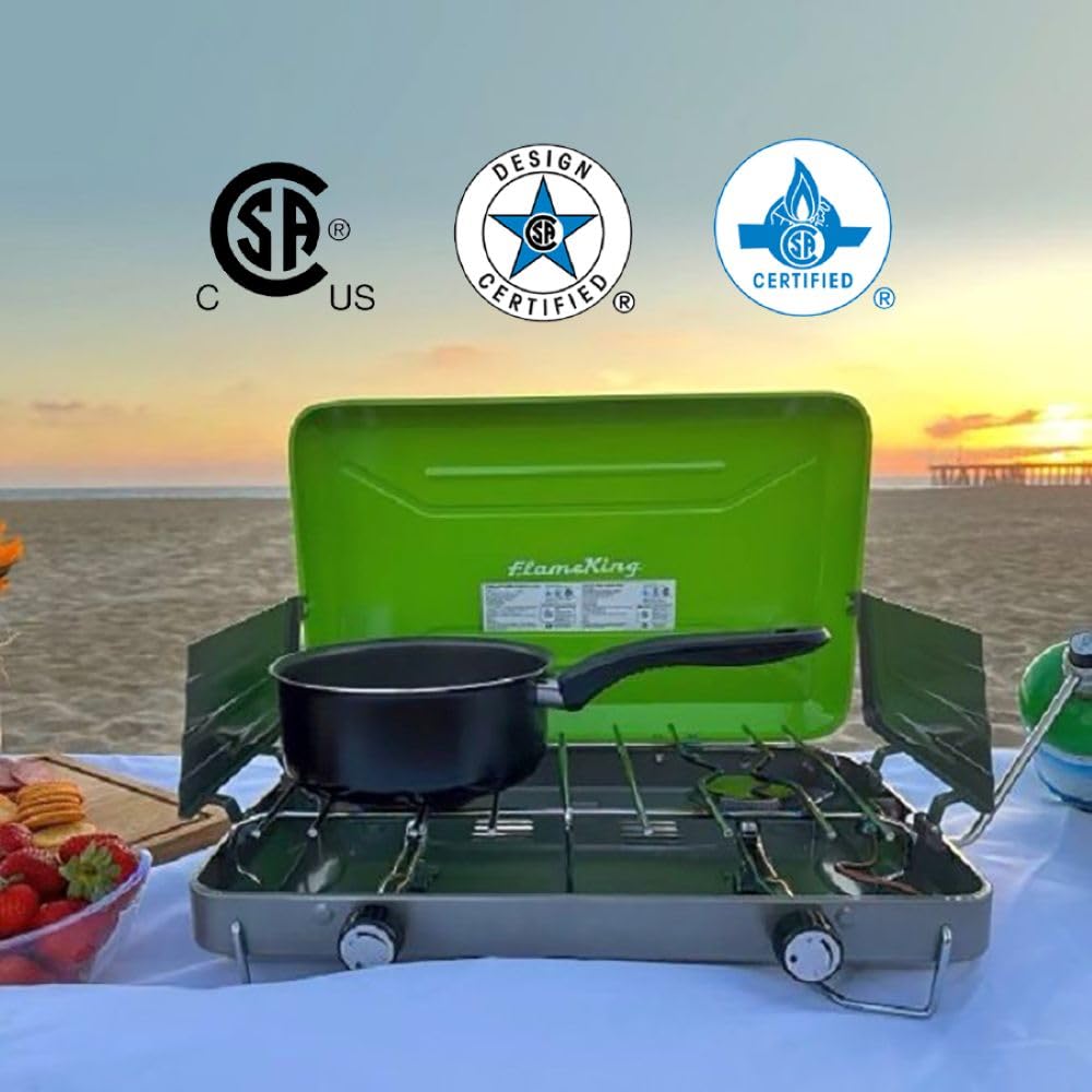 FLAME KING YSNVT-101 Flame King VT-101 2-Burner Portable Camping Stove Grill, Great for Outdoor Cooking, Backpacking, Compatible with 1LB Propane Gas Bottle