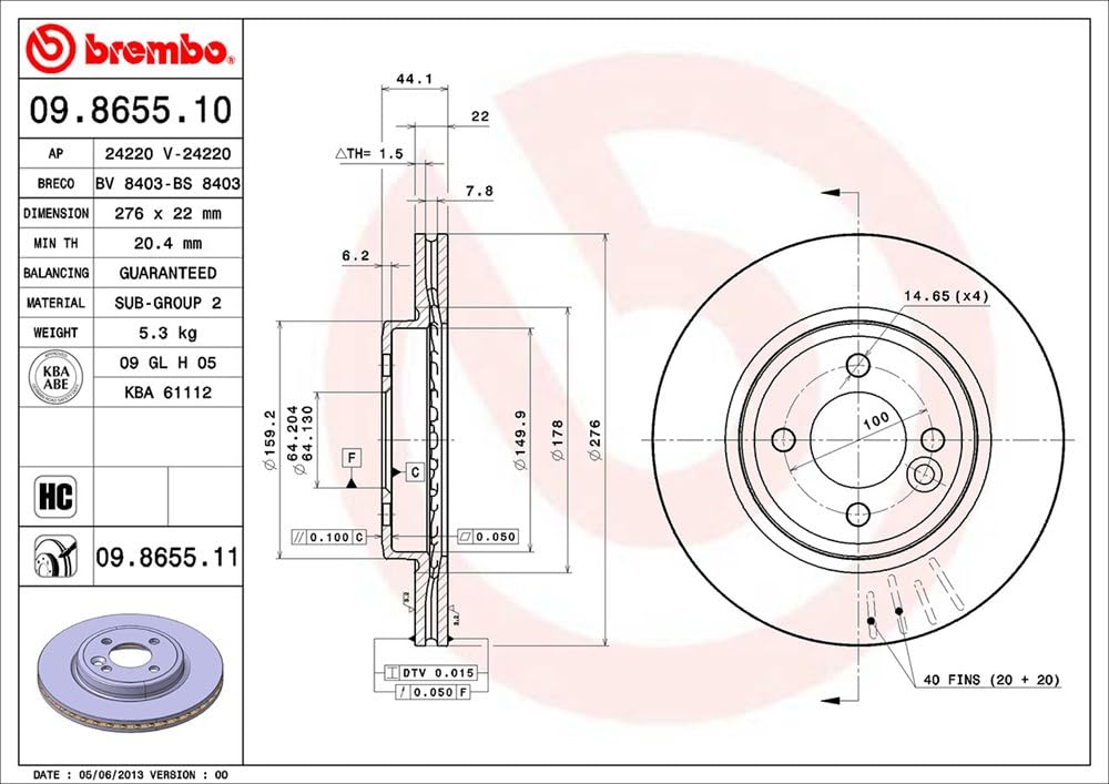 BREMBO 09865511C02 Brembo 09.8655.11 UV Coated vented Front Brake Rotor MINI OE# 34111502891