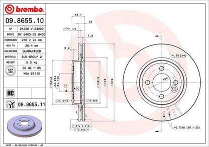 BREMBO 09865511C02 Brembo 09.8655.11 UV Coated vented Front Brake Rotor MINI OE# 34111502891