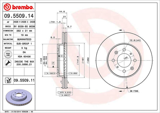 BREMBO 09550911C02 Brembo 09.5509.11 UV Coated vented Front Brake Rotor EUROPESTAR/HONDA/LOTUS/MG/ROVER OE# SDB100600