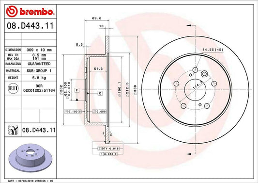 BREMBO 08D44311C02 Brembo 08.D443.11 UV Coated solid Rear Brake Rotor TOYOTA/TOYOTA (GAC) OE# 4243148060