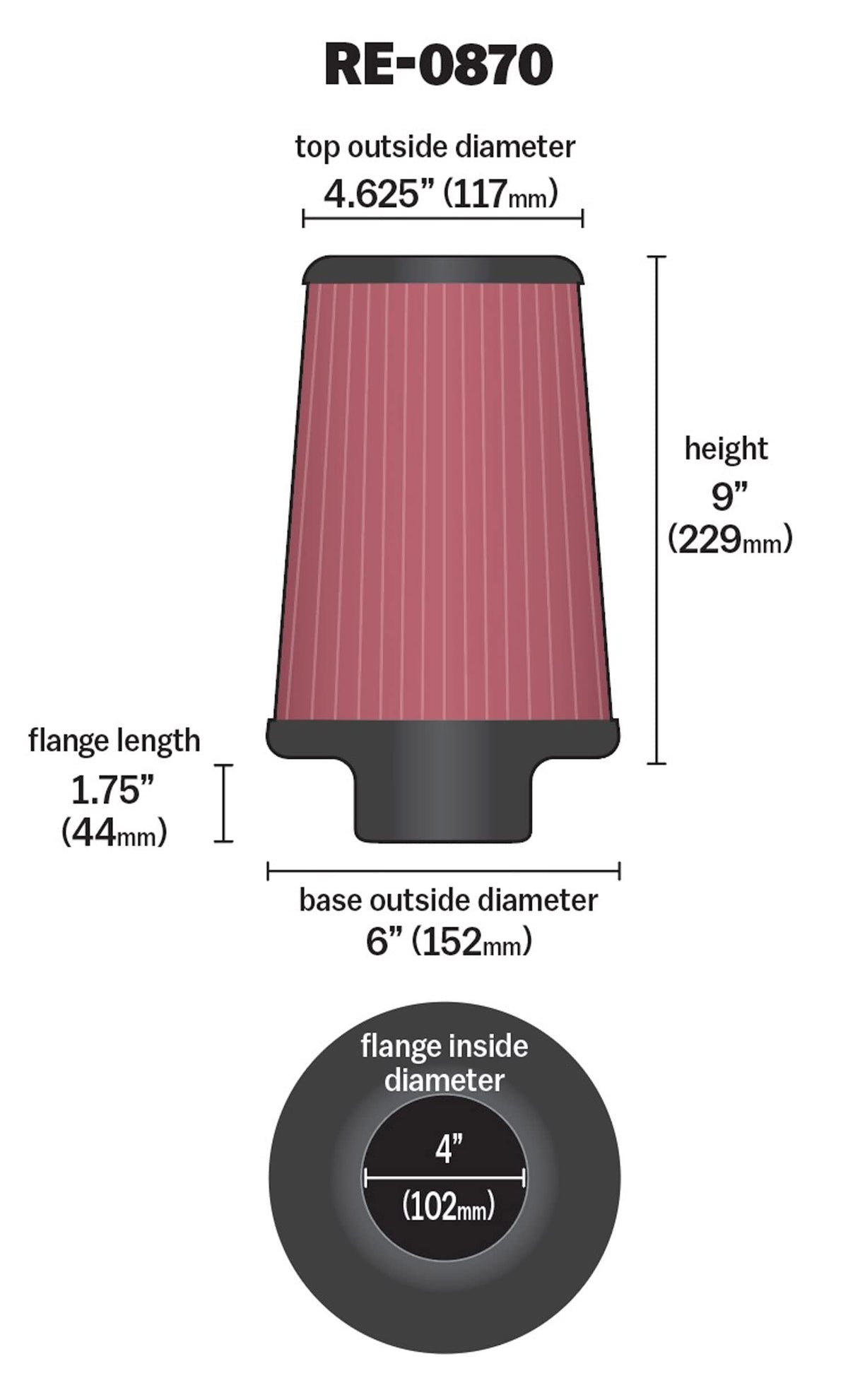 K&N FILTER RE-0870 K&N High-Flow Original Lifetime Universal Clamp-On Air Filter: High Performance, Premium, Washable: Flange Diameter: 4 In, Filter Height: 9 In, Flange Length: 1.75 In, Shape: Round Tapered, RE-0870