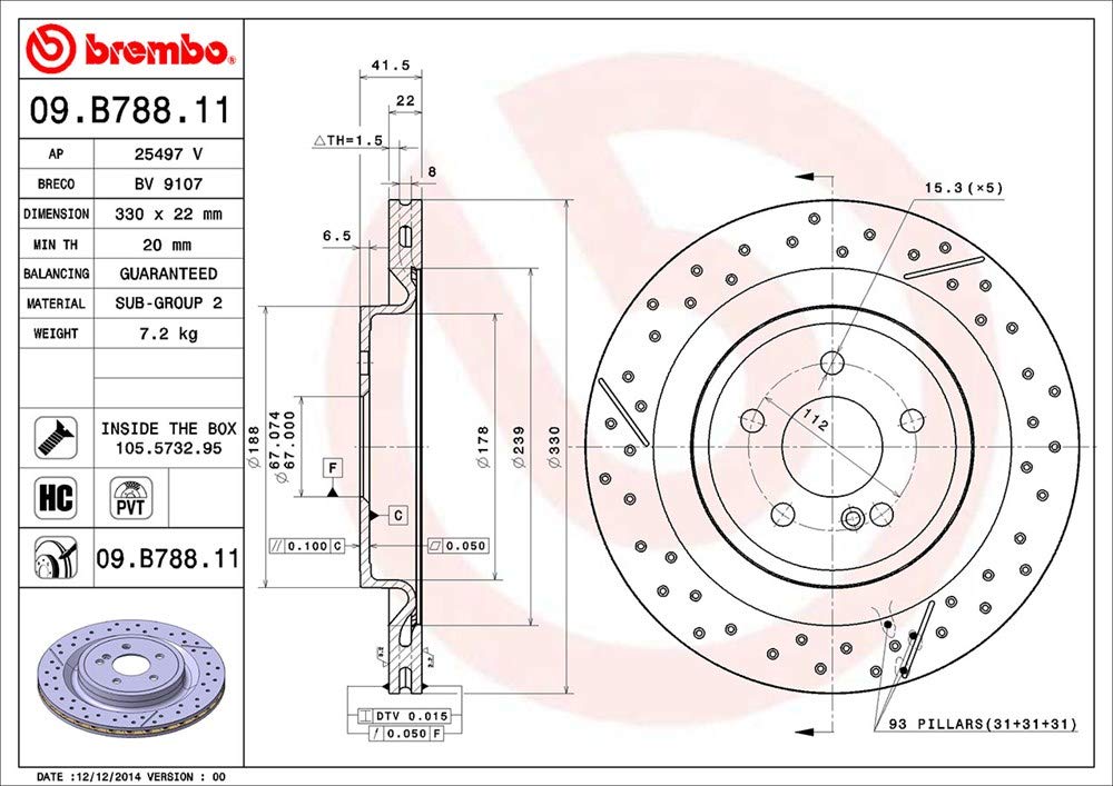 BREMBO 09B78811C02 Brembo 09.B788.11 UV Coated Pillar Vented drilled + Slotted Rear Brake Rotor MERCEDES-BENZ OE# A1724230112