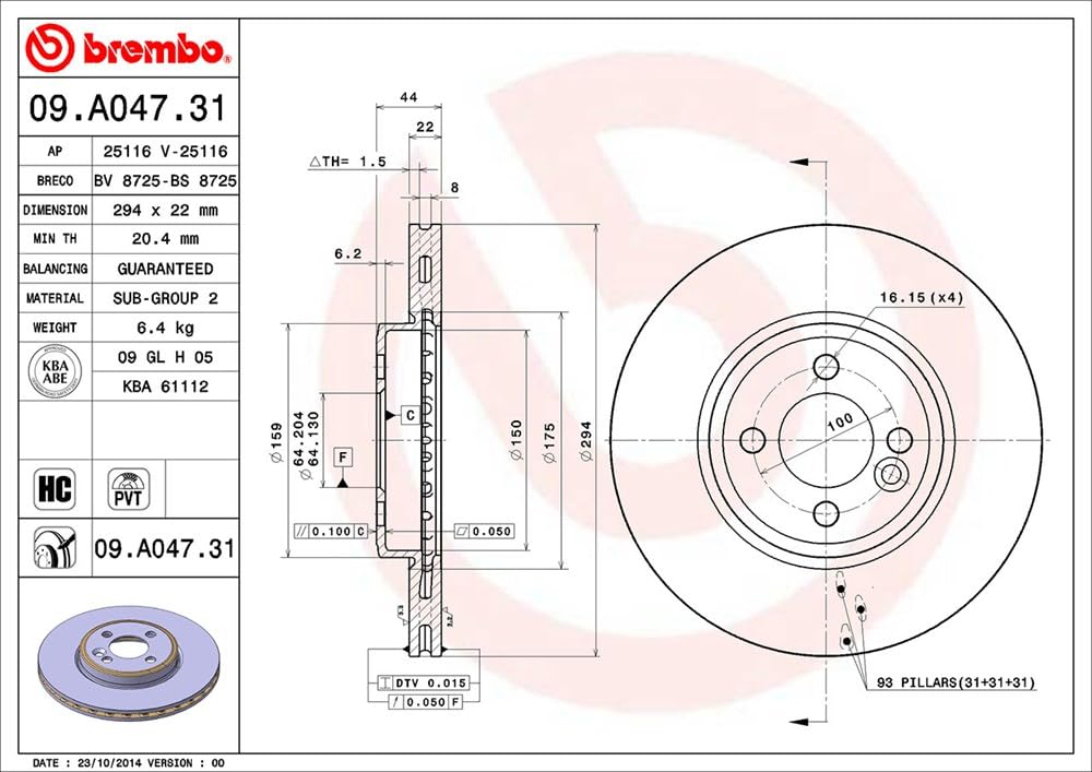 BREMBO 09A04731C02 Brembo 09.A047.31 UV Coated Pillar Vented Front Brake Rotor MINI OE# 34116858652