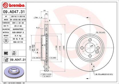 BREMBO 09A04731C02 Brembo 09.A047.31 UV Coated Pillar Vented Front Brake Rotor MINI OE# 34116858652