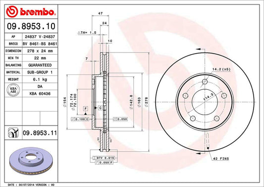BREMBO 09895311C02 Brembo 09.8953.11 UV Coated vented Front Brake Rotor FORD/FORD USA/MAZDA OE# 4454777