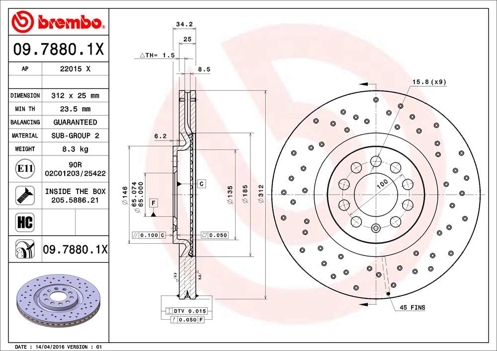 BREMBO 0978801XC02 Brembo 09.7880.1X Xtra UV Coated vented drilled Front Brake Rotor AUDI/SEAT/SKODA/VW/VW (FAW) OE# 8N0615301A