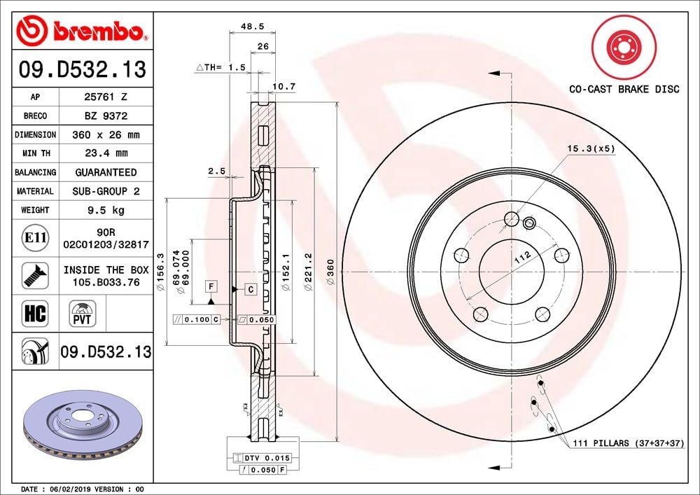 BREMBO 09D53213C02 Brembo 09.D532.13 Co-cast two piece UV Coated Pillar Vented Brake Rotor MERCEDES-BENZ/MERCEDES-BENZ (BBDC) OE# A0004231712