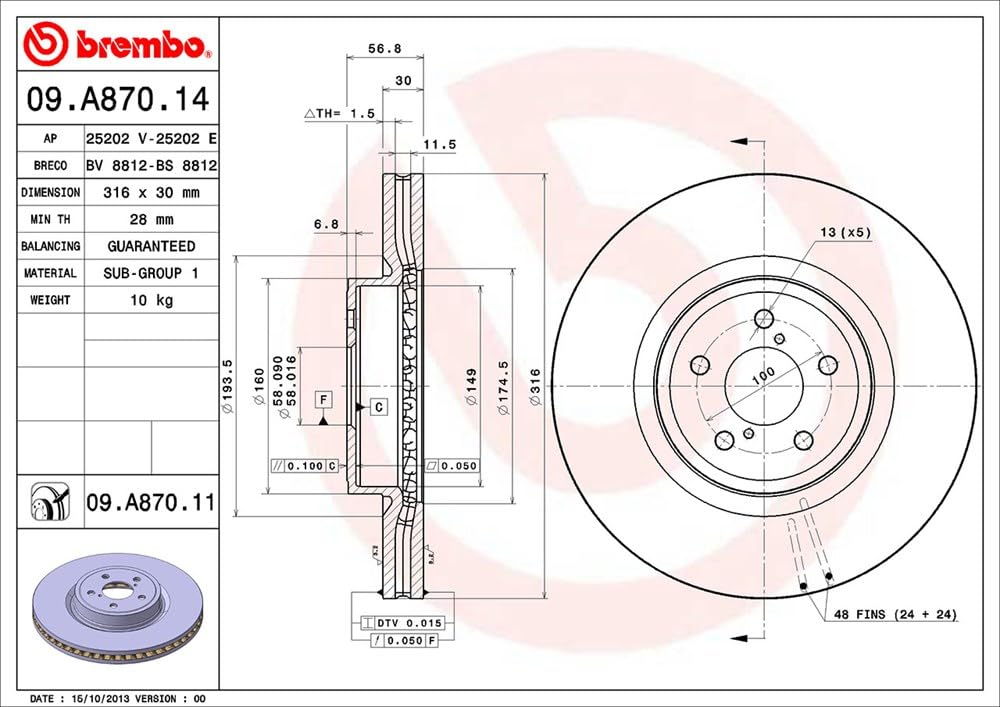 BREMBO 09A87011C02 Brembo 09.A870.11 UV Coated vented Front Brake Rotor SUBARU OE# 26300AG001