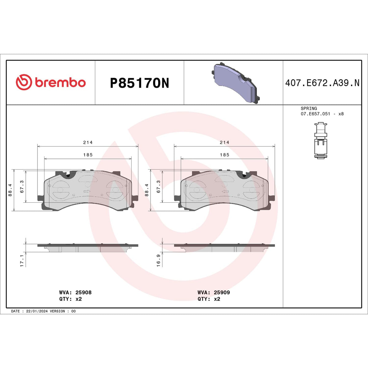Brembo P85170N Premium Ceramic Front Disc Brake Pad Set AUDI