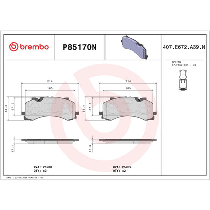 Brembo P85170N Premium Ceramic Front Disc Brake Pad Set AUDI