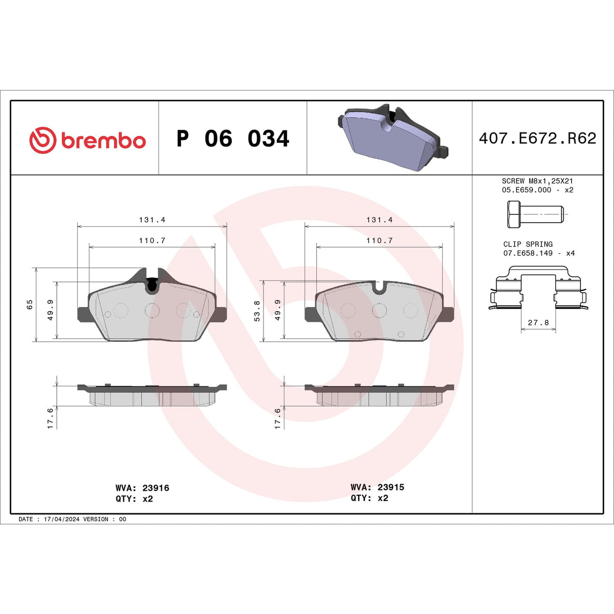 BREMBO P06034 Brembo P06034 Low-Met Front Disc Brake Pad Set BMW/MINI OE# 34116772892