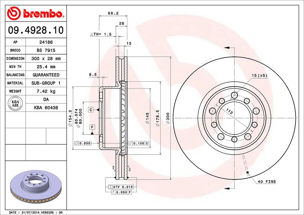 BREMBO 09492810C02 Brembo 09.4928.10 Standard vented Front Brake Rotor MERCEDES-BENZ OE# A1264210512