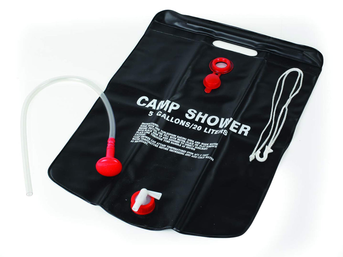 CAMCO 51368 Camco Outdoor Natural Solar Shower with On-Off Valve for Campsites - Holds 5 Gallons of Water, Sufficient for 3-4 Showers, Excellent for Camping, Hiking, RVing, and Traveling (51368), White
