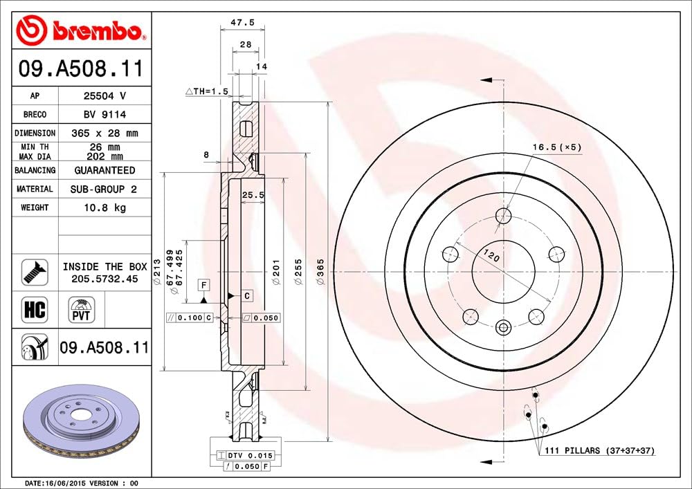 BREMBO 09A50811C02 Brembo 09.A508.11 UV Coated Pillar Vented Rear Brake Rotor CADILLAC/CHEVROLET OE# 25851166