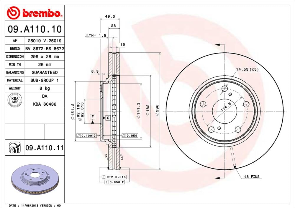 BREMBO 09A11011C02 Brembo 09.A110.11 UV Coated Vented Front Brake Rotor Lexus/Toyota/Toyota (GAC) OE# 4351248011