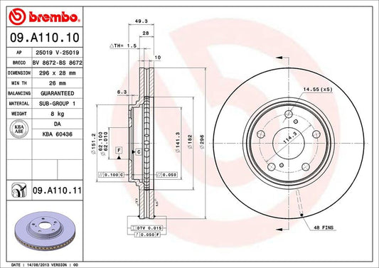 BREMBO 09A11011C02 Brembo 09.A110.11 UV Coated Vented Front Brake Rotor Lexus/Toyota/Toyota (GAC) OE# 4351248011