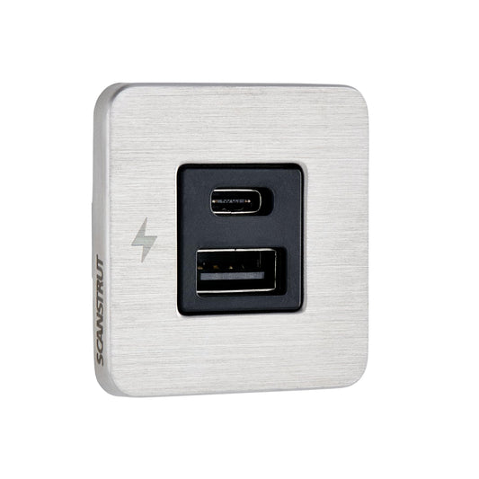 SCANSTRUT SC-TILE-11 Scanstrut SC-TILE-11 USB-A & USB-C Interior Charging Socket, 12/24V Ultra-Low Profile Fast Charger, Brushed Stainless Steel Bezel, Flush-Mount USB Charger for Boats, RVs & Vehicles