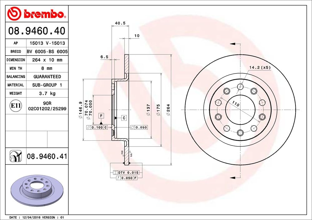 BREMBO 08946041C02 Brembo 08.9460.41 UV Coated solid Rear Brake Rotor ALFA ROMEO/FIAT (GAC) OE# 51806283