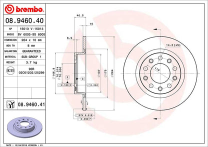 BREMBO 08946041C02 Brembo 08.9460.41 UV Coated solid Rear Brake Rotor ALFA ROMEO/FIAT (GAC) OE# 51806283