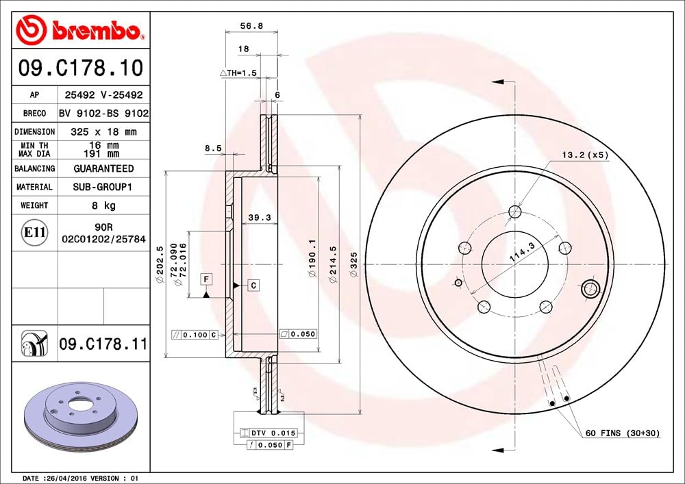BREMBO 09C17811C02 Brembo 09.C178.11 UV Coated vented Rear Brake Rotor MAZDA/MAZDA (FAW) OE# TD1126251
