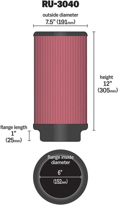 K&N FILTER RU-3040 K&N High-Flow Original Lifetime Universal Clamp-On Air Filter: High Performance, Premium, Washable: Flange Diameter: 6 In, Filter Height: 12 In, Flange Length: 1 In, Shape: Round, RU-3040