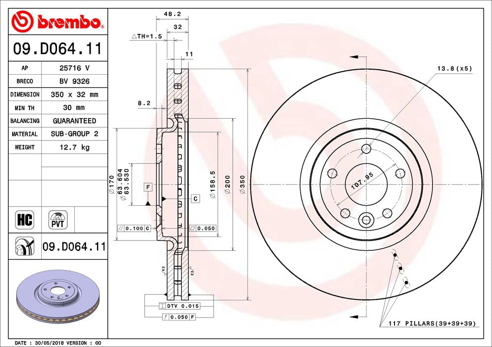 BREMBO 09D06411C02 Brembo 09.D064.11 UV Coated Pillar Vented Brake Rotor JAGUAR OE# T4N1803