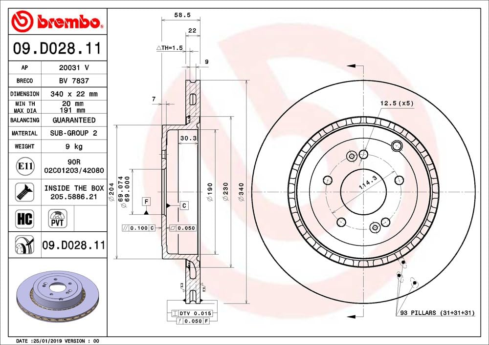 Brembo 09.D028.11 UV Coated Pillar Vented Brake Rotor GENESIS/KIA