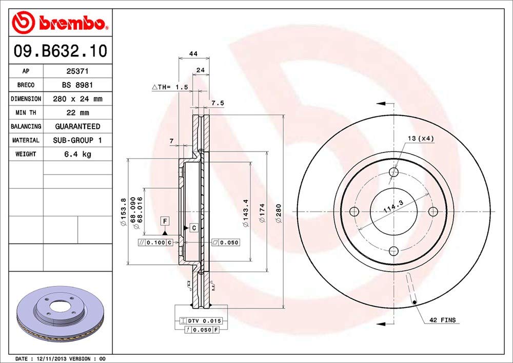 BREMBO 09B63210C02 Brembo 09.B632.10 Standard vented Front Brake Rotor NISSAN/NISSAN (DFAC) OE# 40206EM10A