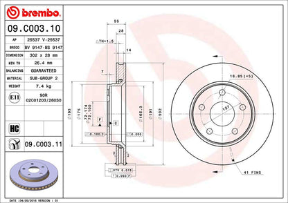 BREMBO 09C00311C02 Brembo 09.C003.11 UV Coated vented Front Brake Rotor JEEP OE# 52060137AB