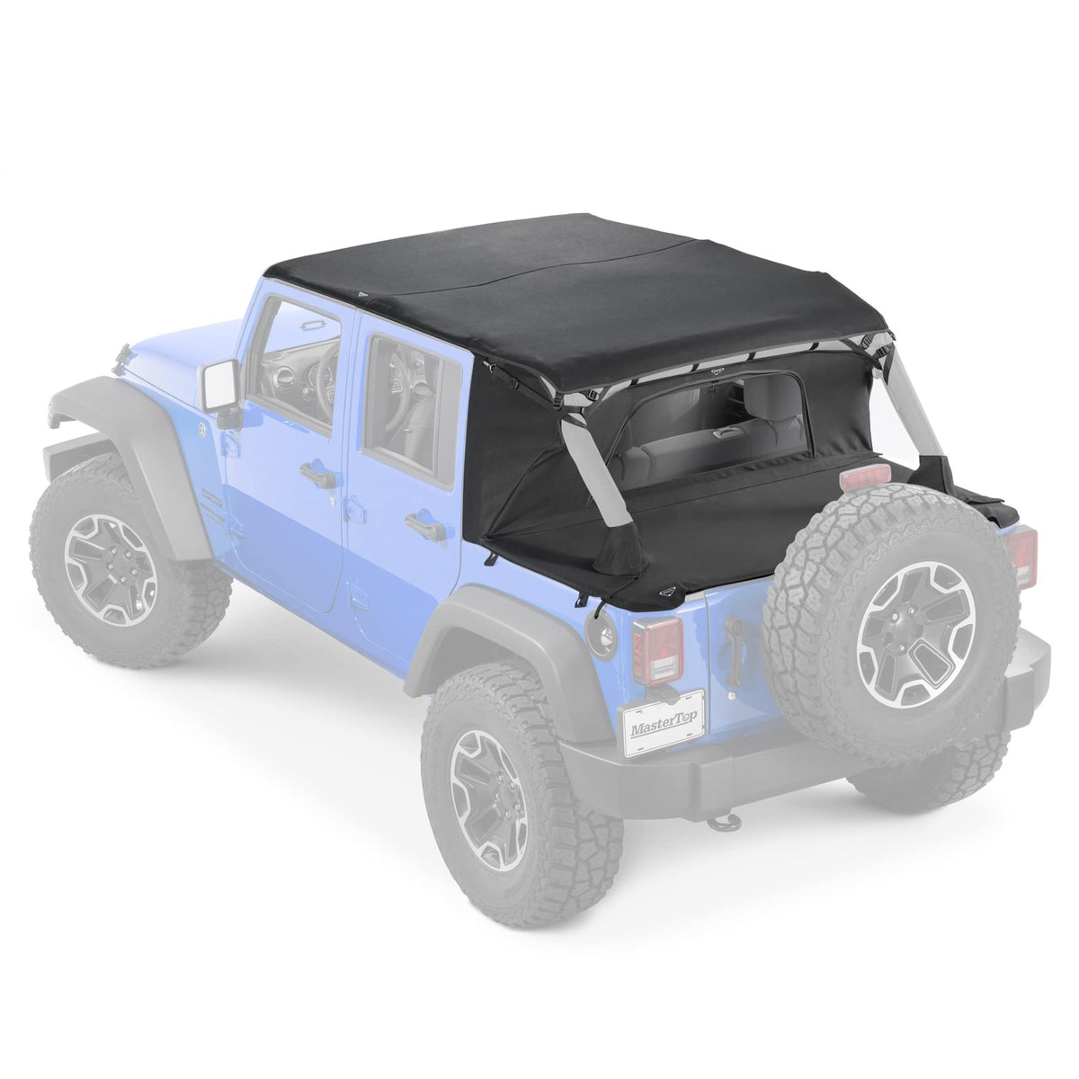 MASTERTOP 14810424 MasterTop 3-Piece Ultimate Summer Soft Top Combo - Bimini Soft Top, Wind Stopper Cab Curtain, and Tonneau Deck Cargo Cover - Fits Jeep Wrangler JK JKU Unlimited 4-Door 2007-2009 - Black MasterTwill