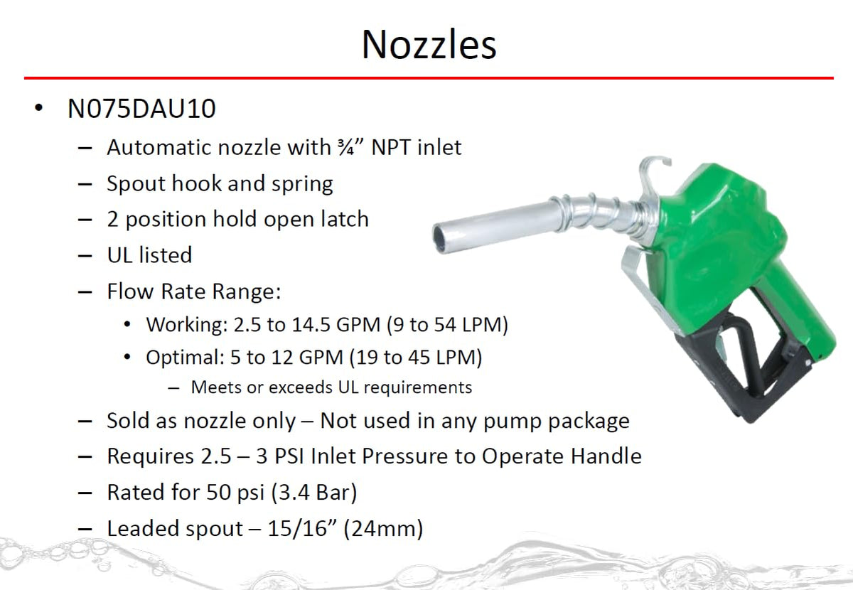 FILL RITE N075DAU10 Fill-Rite N075DAU10 3/4"" Auto Nozzle with Hook Diesel Green 2.5-14.5 GPM End of Delivery Hose - 1 Each