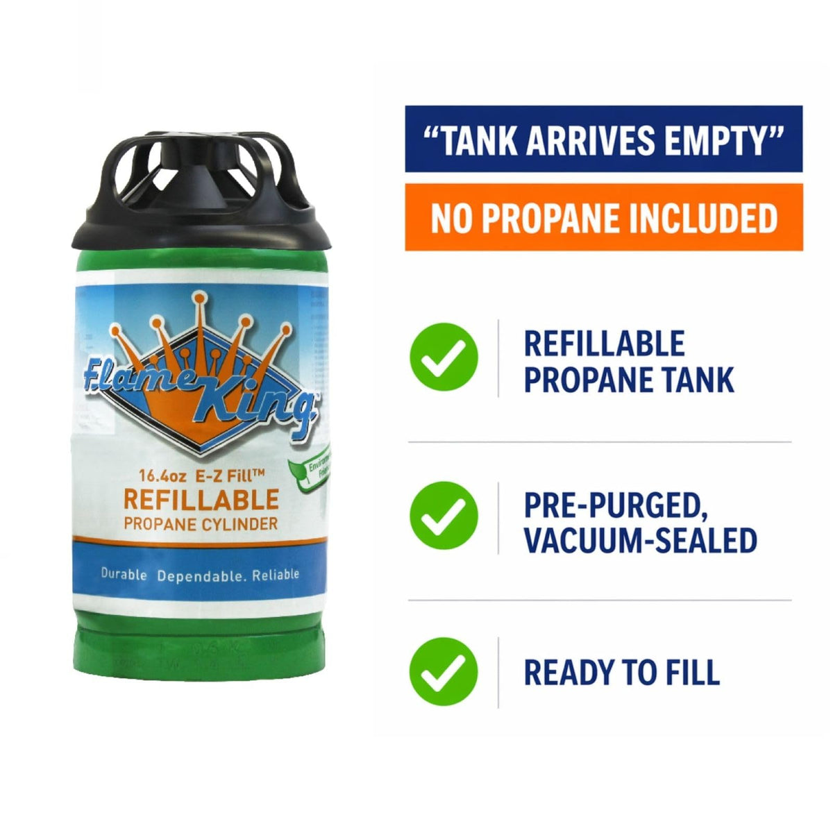 FLAME KING YSN164 Flame King 1LB EMPTY Propane Cylinder Tank – Refillable – Reusable – Safe and Legal Refill Option – DOT Compliant – 16.4 oz for Camping, Backpacking, and Hiking, Green