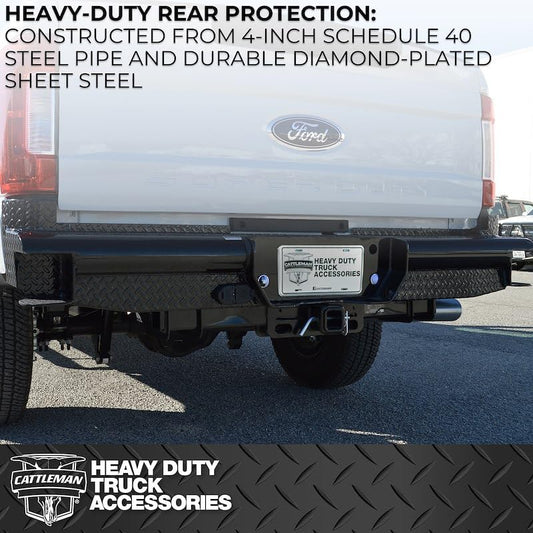 CATTLEMAN 4200S Cattleman HD 4200S Rear Pipe Bumper Fits Ram 3500 2011-2018 Gloss Black Powder-Coated Steel 1-Piece Bolt-On 4 Inch Schedule 40 Pipe Diamond Plate For Dual Rear Wheels