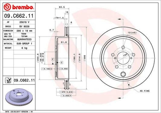 BREMBO 09C66211C02 Brembo 09.C662.11 UV Coated vented Rear Brake Rotor SUBARU/TOYOTA OE# 26700AJ010
