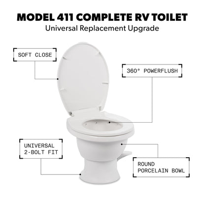 DOMETIC 9610008263 Dometic Model 411 Complete RV Toilet | Round Porcelain Bowl | Universal Fit & 2-Bolt Mount | Low-Profile 13–5/8" Seat Height | Gravity Flush Toilet with Soft-Close Seat | White - (9610008263)