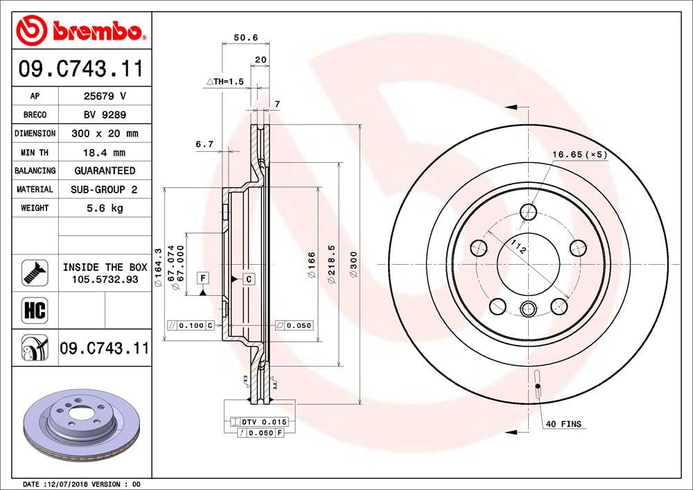 BREMBO 09C74311C02 Brembo 09.C743.11 UV Coated vented Brake Rotor BMW/BMW (BRILLIANCE)/MINI/ZINORO OE# 34216799369