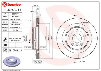 BREMBO 09C74311C02 Brembo 09.C743.11 UV Coated vented Brake Rotor BMW/BMW (BRILLIANCE)/MINI/ZINORO OE# 34216799369