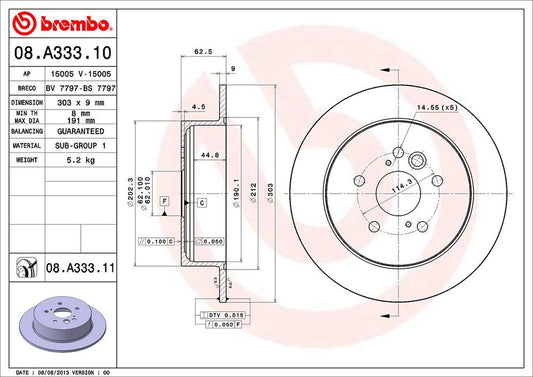 BREMBO 08A33311C02 Brembo 08.A333.11 UV Coated solid Rear Brake Rotor CHERY/TOYOTA OE# 4243142041
