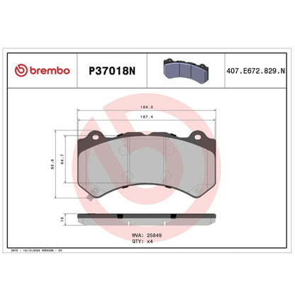 BREMBO P37018N Brembo P37018N Premium Ceramic Front Disc Brake Pad Set CADILLAC/CHEVROLET/DODGE/JEEP/NISSAN OE# 00K68144427AB