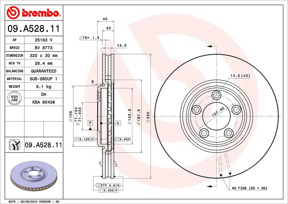 BREMBO 09A52811C02 Brembo 09.A528.11 UV Coated vented Front Brake Rotor DAIMLER/JAGUAR OE# C2C8354