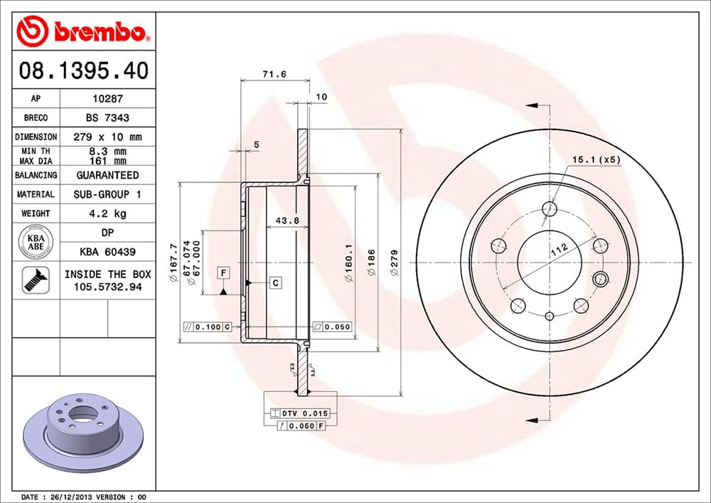 BREMBO 08139540C02 Brembo 08.1395.40 Standard solid Rear Brake Rotor MERCEDES-BENZ OE# A1264230012